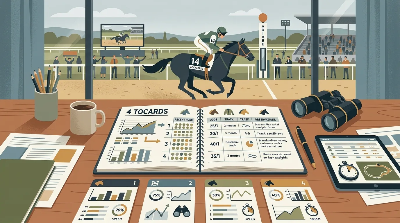 Jockey en selle franchissant le poteau d'arrivée sur un hippodrome, illustrant la sélection des 4 tocards du jour