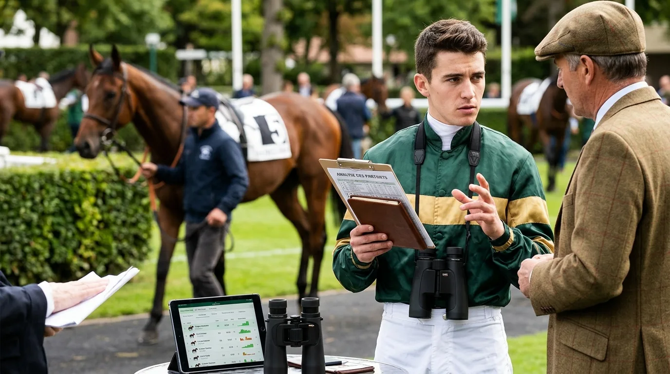 Jockey analysant les partants du Quinté pour identifier la base et le tocard dans le paddock