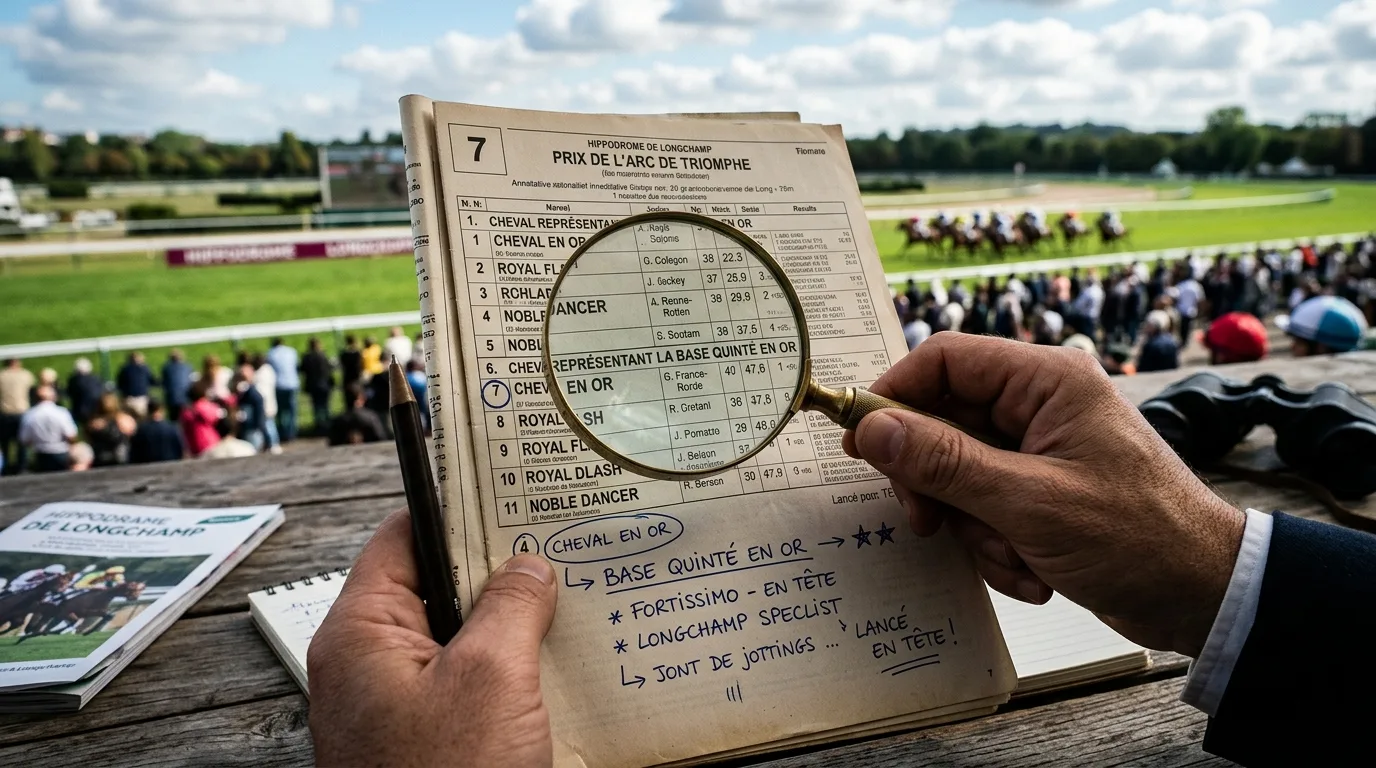 Cheval représentant la Base Quinté en Or s'élançant en tête à l'hippodrome de Longchamp sous un ciel ensoleillé
