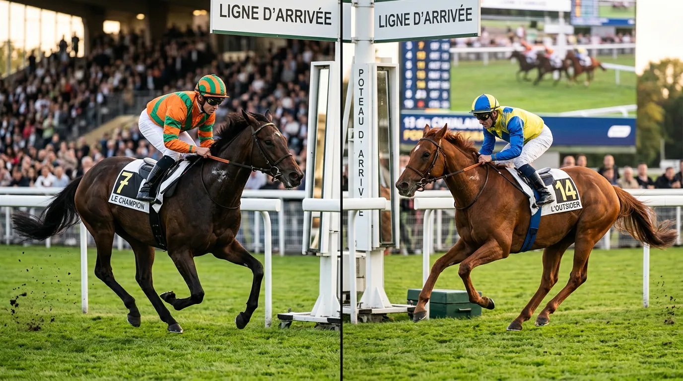 Jockey sur un cheval favori franchissant le poteau d'arrivée du Quinté+ devant un outsider, illustrant la différence base tocard.